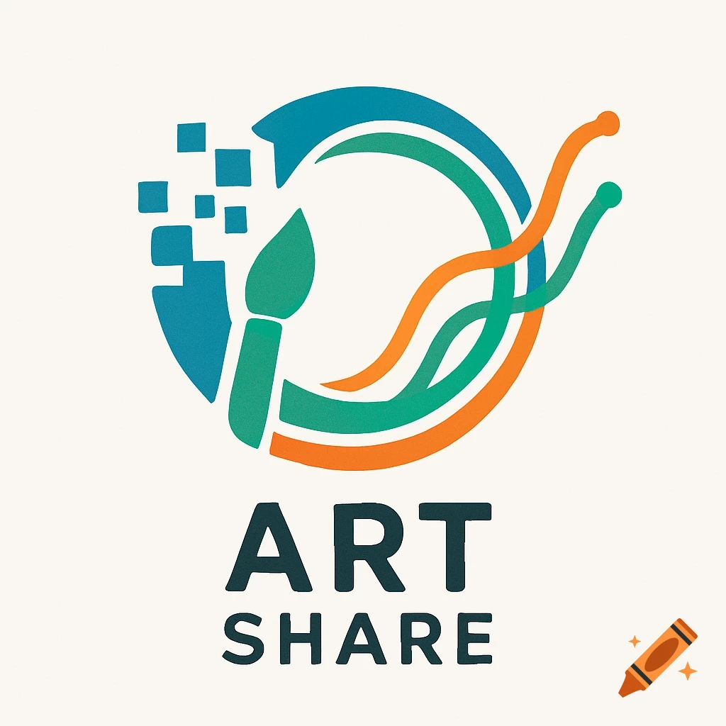 A logo with a paintbrush, abstract lines, and digital pixels, above the text 'ART SHARE'.