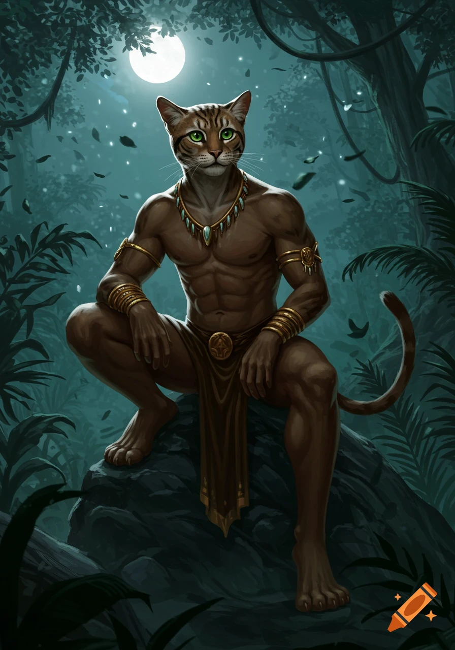 A muscular, anthropomorphic cat man with green eyes and tribal jewelry crouches on a rock in a moonlit jungle.