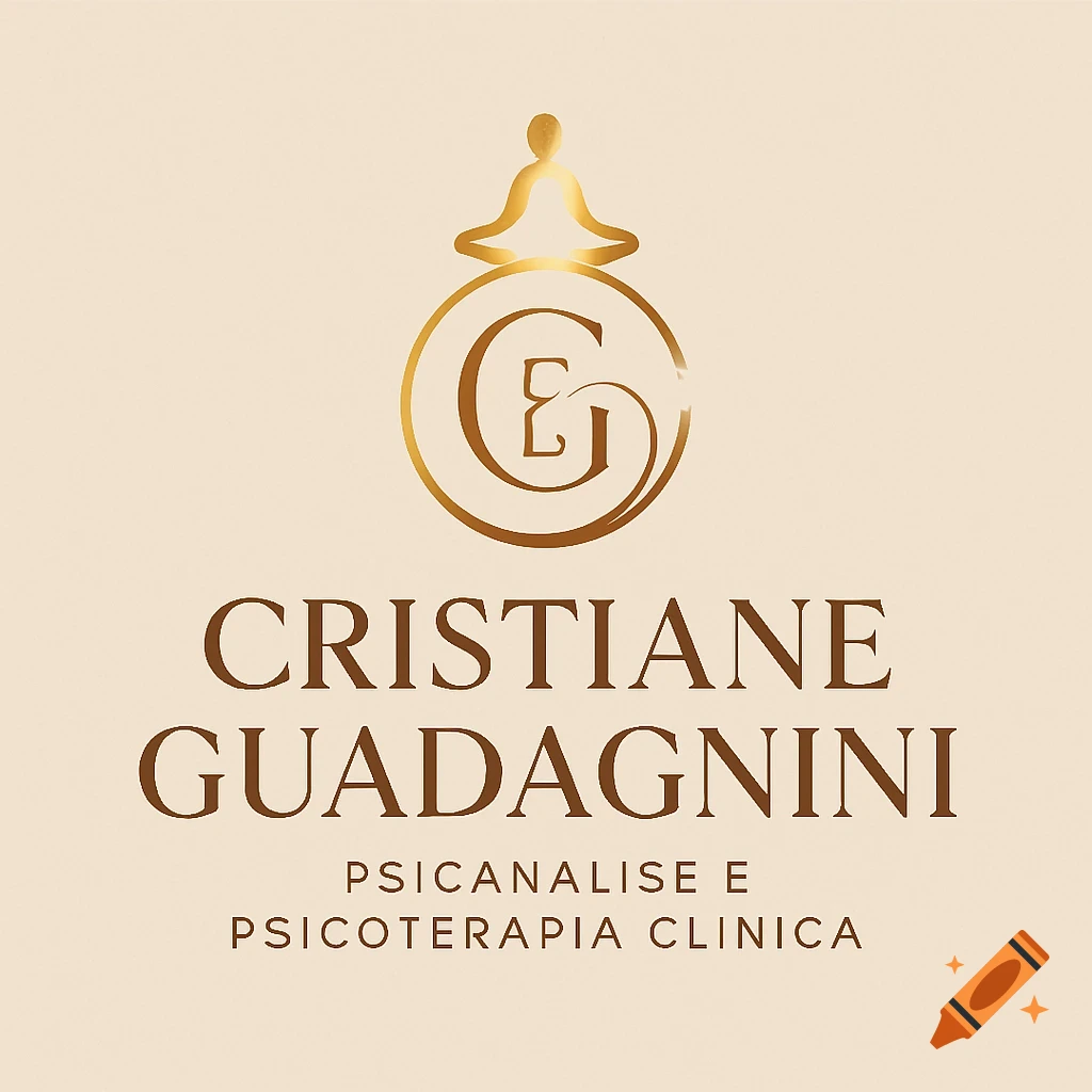 A minimalist luxury logo with a meditating silhouette in gold gradient above intertwined gold 'C' and 'G' initials, with the name 'CRISTIANE GUADAGNINI' and subtitle 'PSICANALISE E PSICOTERAPIA CLINICA' in brown text on a warm beige background.