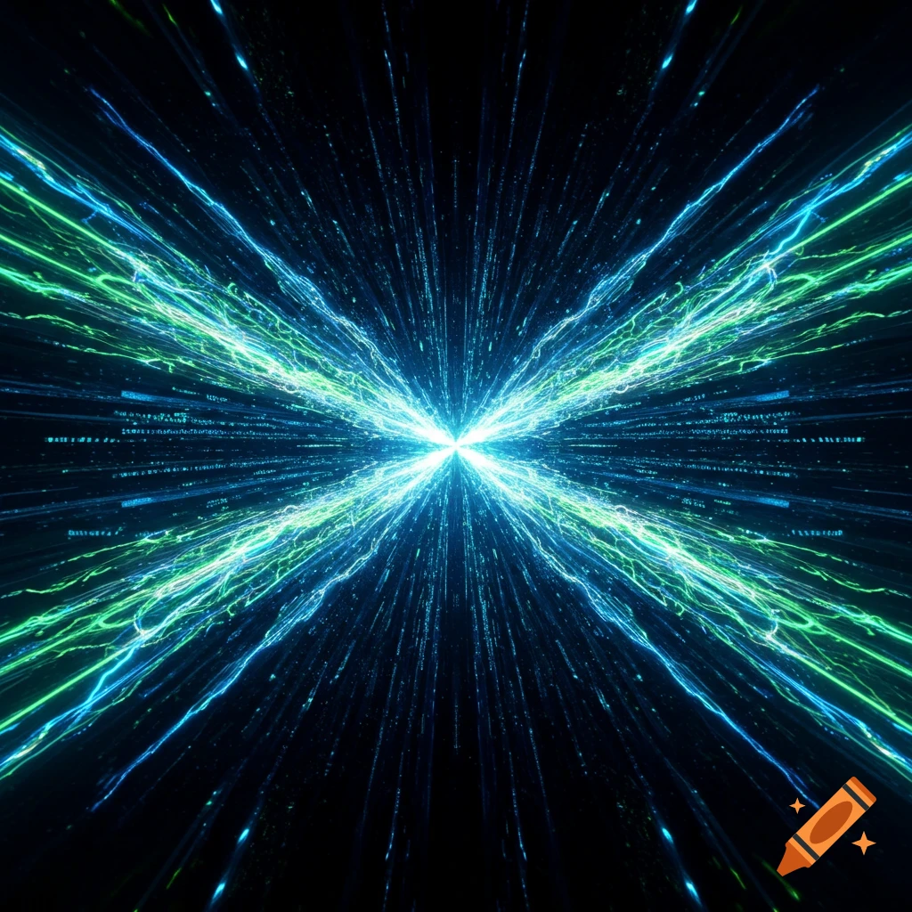 Bright blue and green energy streams burst from a central point in a dark, abstract digital art style.