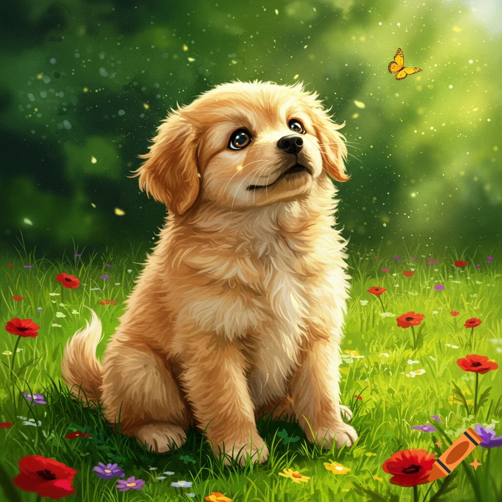 A fluffy golden retriever puppy sits in a vibrant green meadow with colorful flowers, looking at a yellow butterfly.