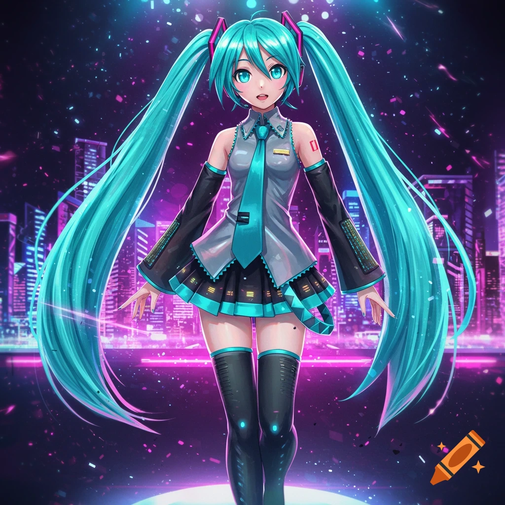 Anime character Hatsune Miku with long turquoise pigtails stands in a neon-lit futuristic cityscape.