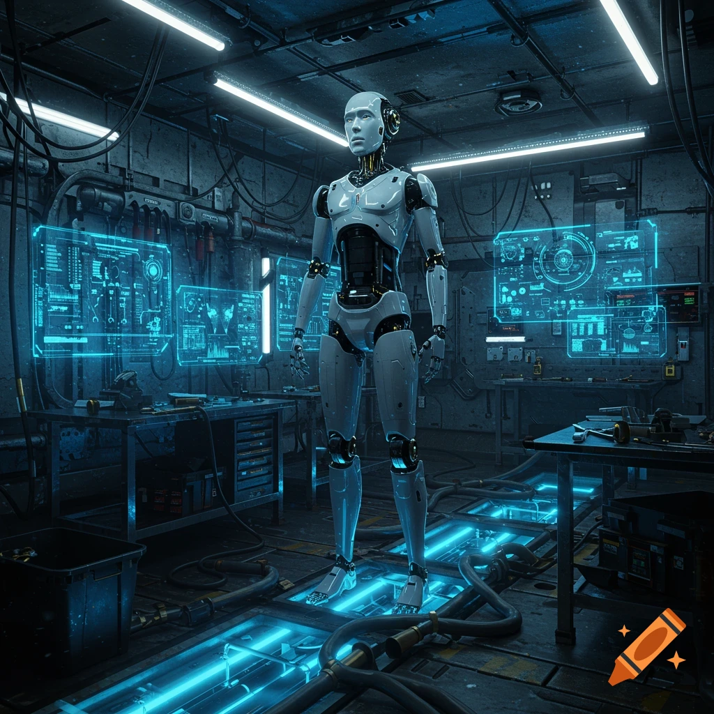 A white humanoid robot stands in a dark, futuristic workshop with glowing blue holographic displays and illuminated floor panels.