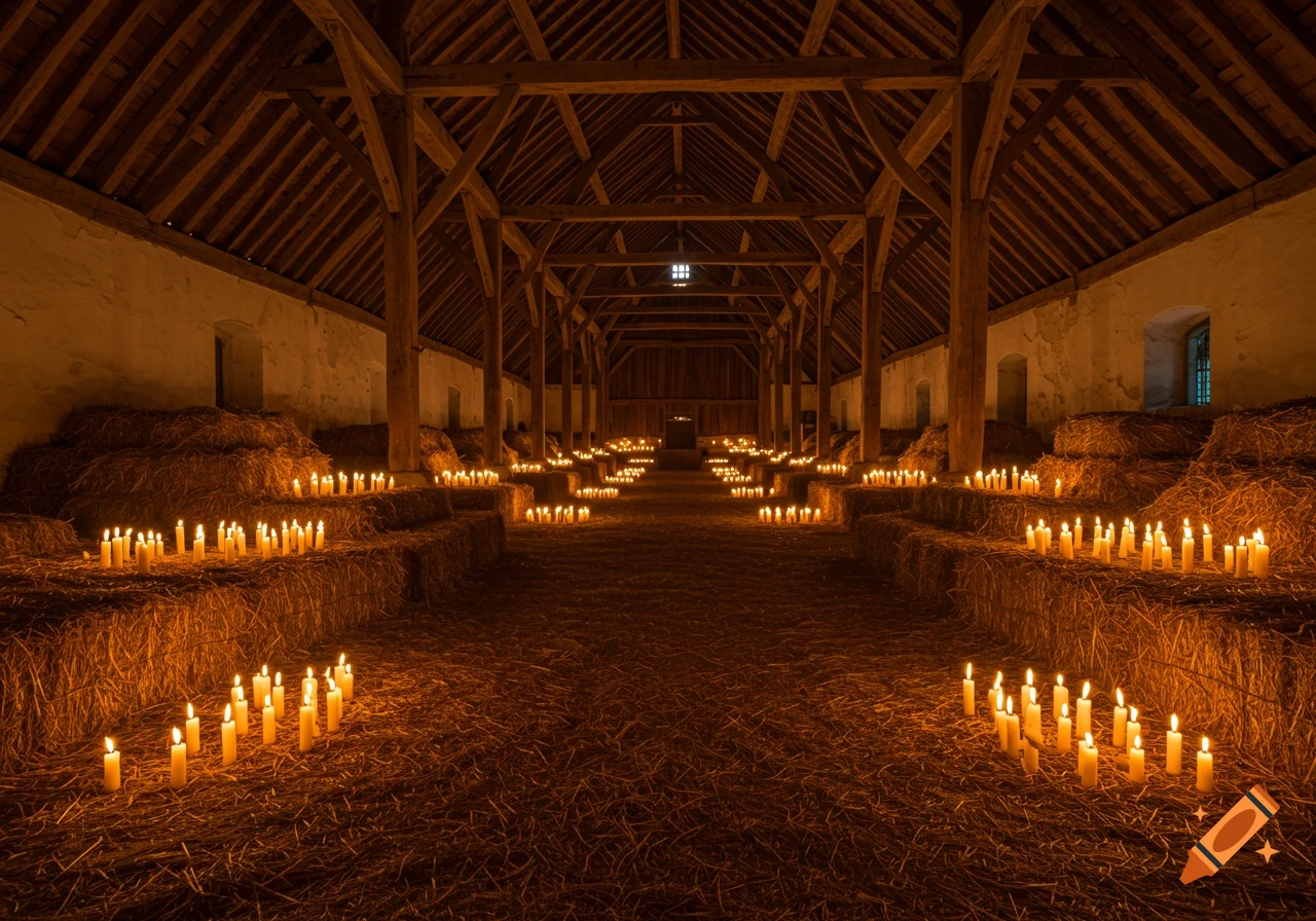 Photorealistic ground-eye view of a wooden medieval barn interior, brightly lit by numerous candles on hay bales, with a hay-covered floor.