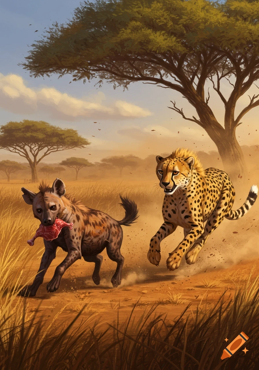 A hyena runs through a dusty savanna with meat in its mouth, pursued by a cheetah, in a digital painting.