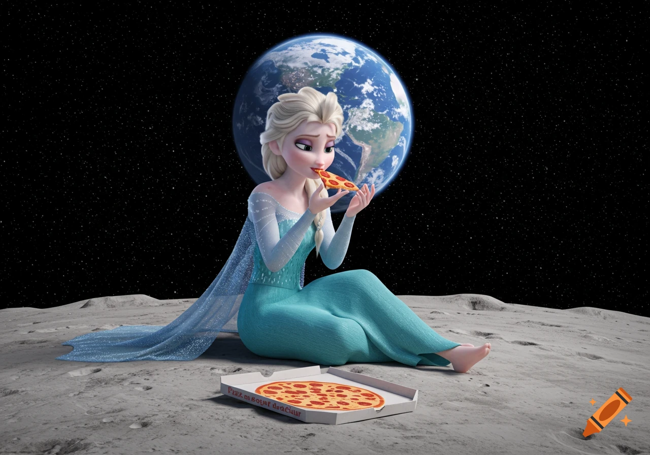 Elsa from Frozen sits on the moon, eating a slice of pizza from a box, with Earth visible in the background in a cartoon style.
