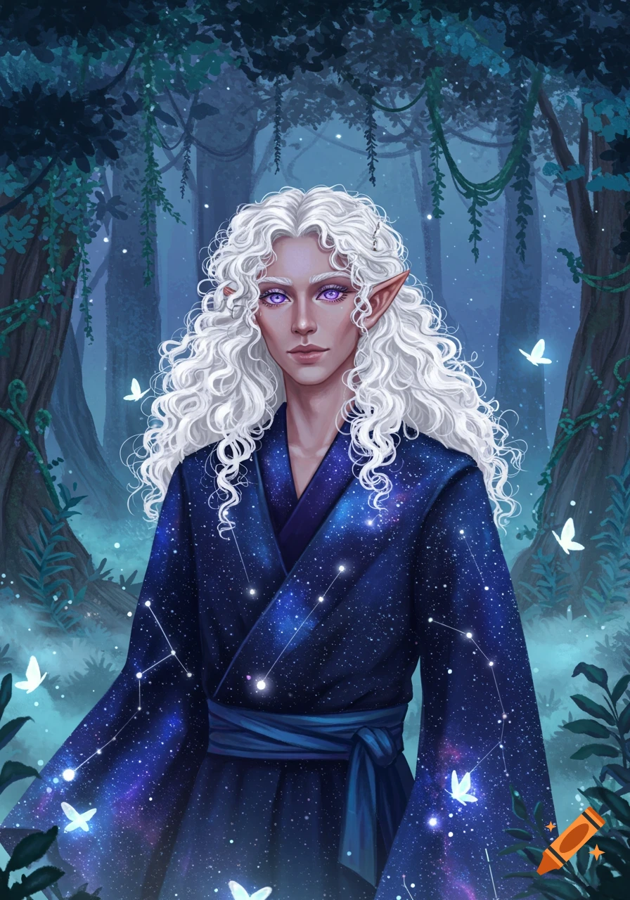 An elvish man with long white curly hair and purple eyes wears a dark blue galaxy robe in a mystical forest with glowing butterflies.