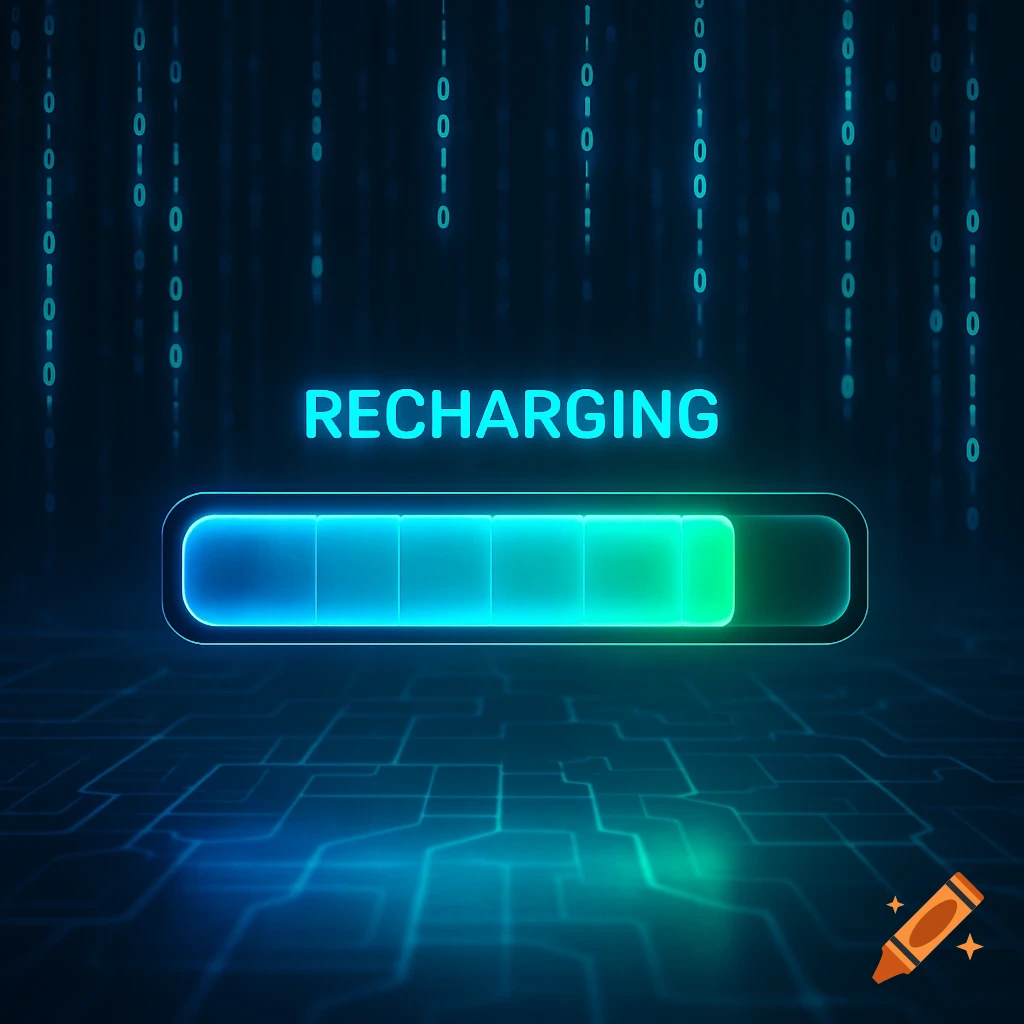 A glowing blue-green progress bar beneath the word RECHARGING on a dark background with falling binary code and circuit patterns.