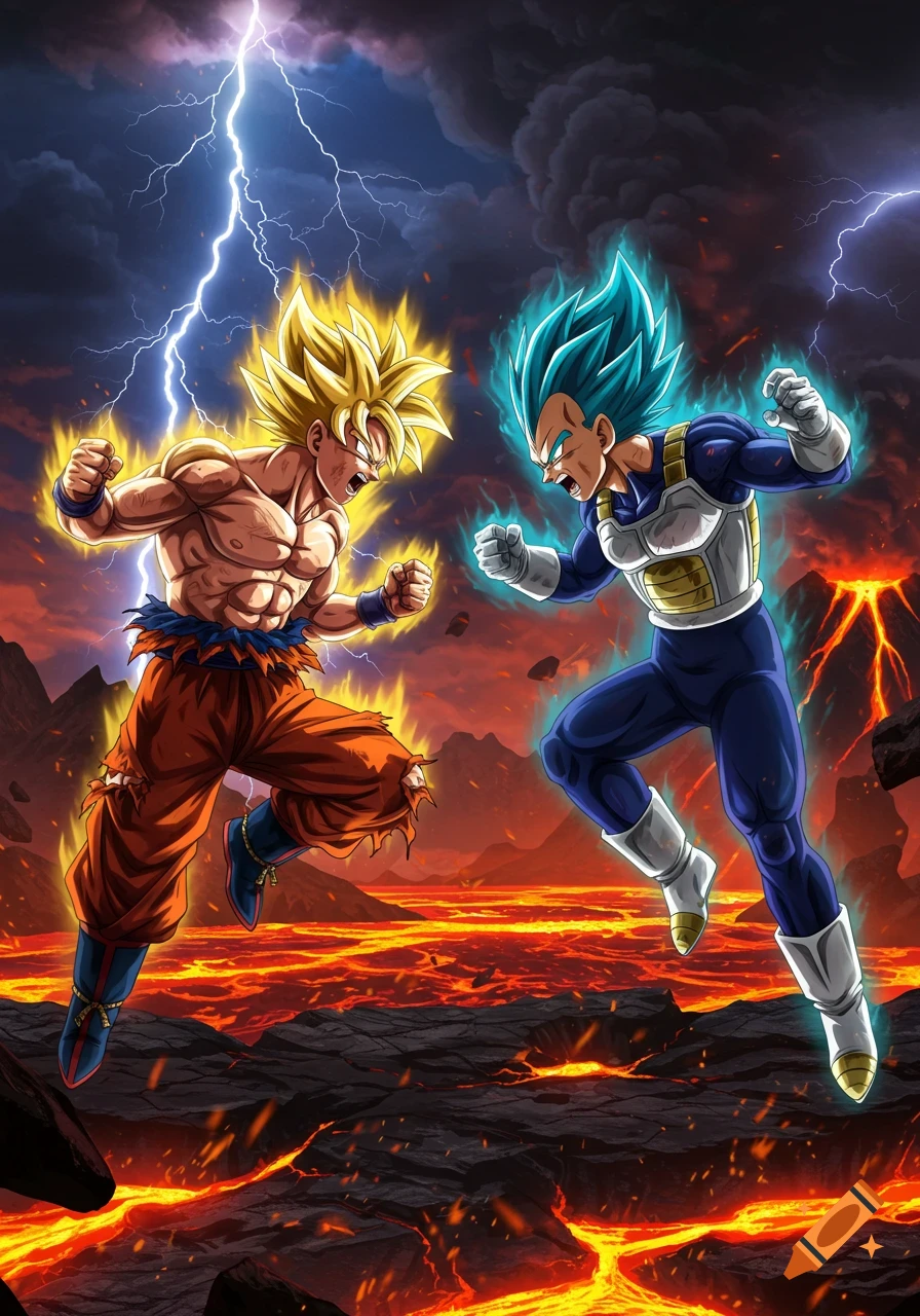 Goku and Vegeta from Dragon Ball Z powering up for a battle in a volcanic, lava-filled landscape with lightning.