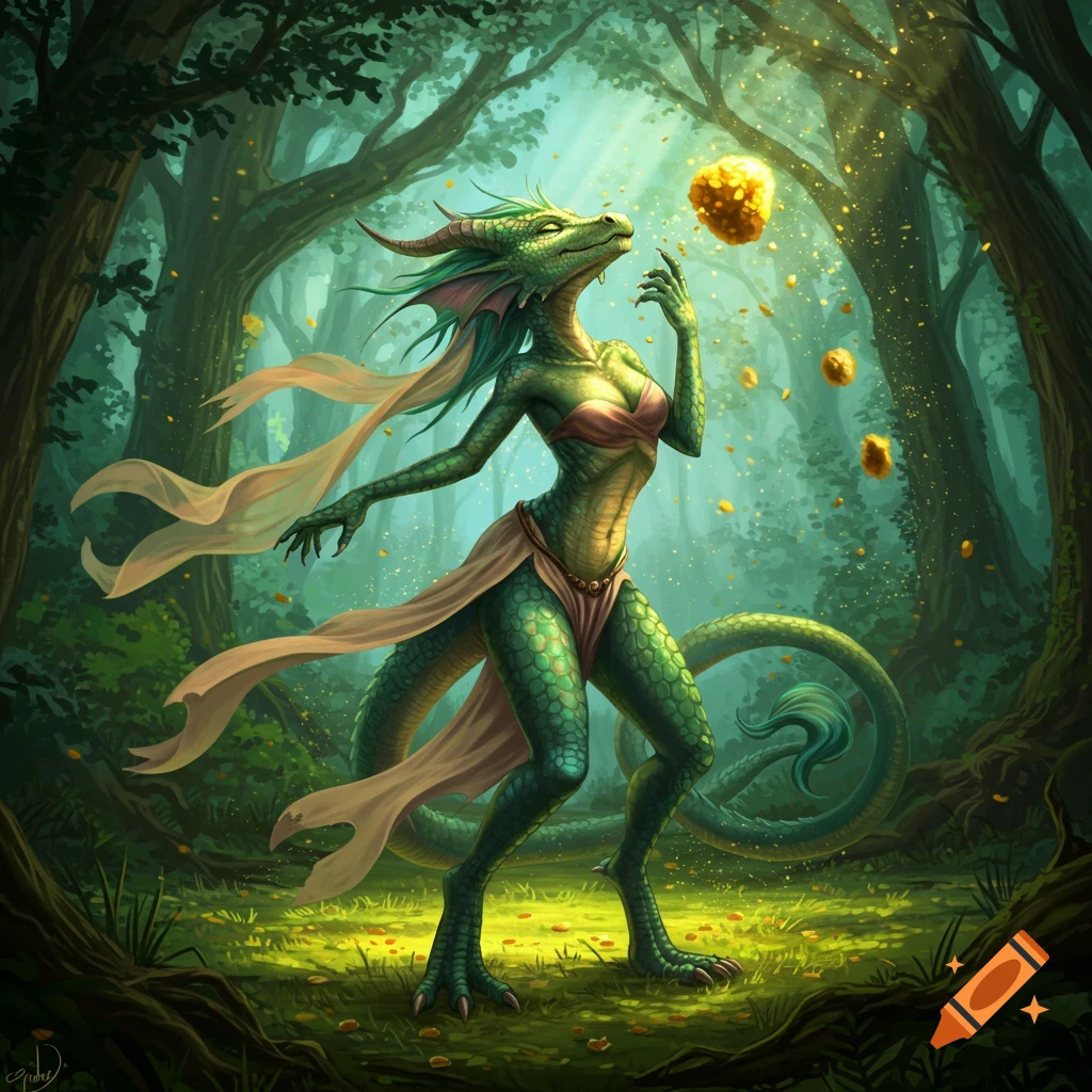 A green dragon woman stands in a sun-dappled fantasy forest, looking up with one hand near her face as golden specks float around her.