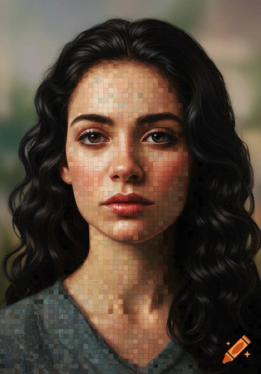 A pixelated portrait of a woman with dark wavy hair looking directly at the viewer.