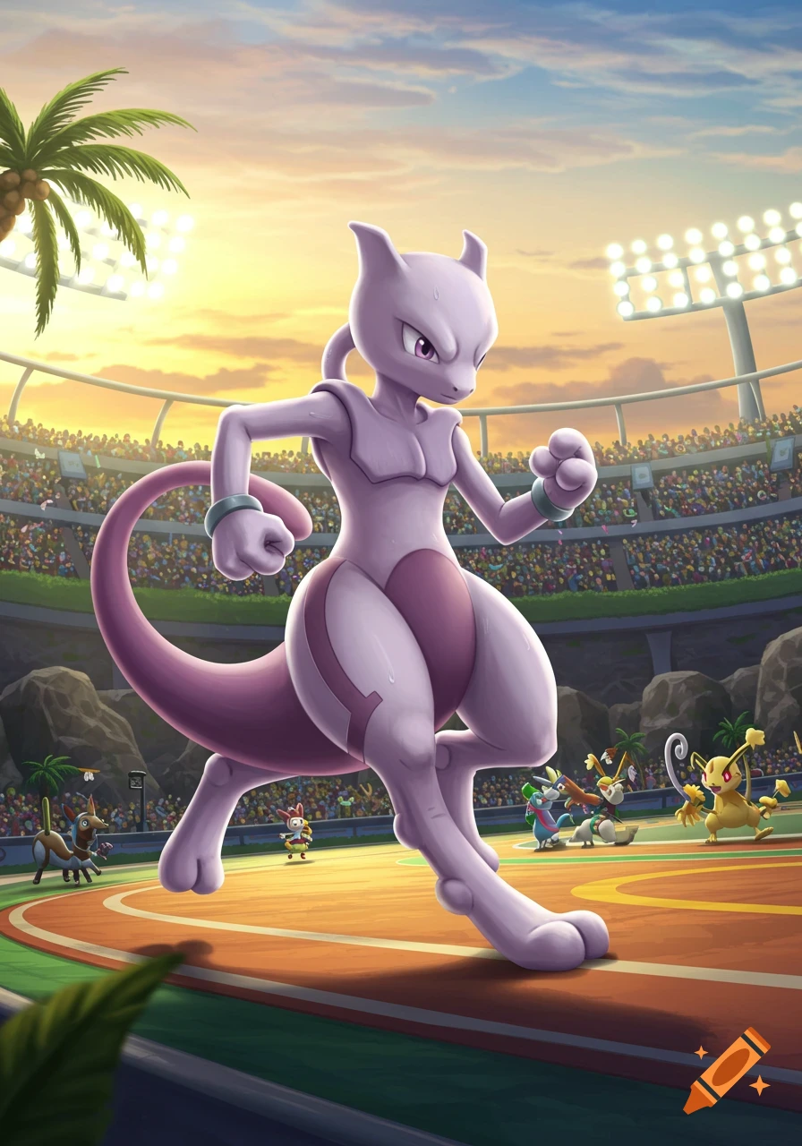 Mewtwo runs across a stadium course at sunset, with other small Pokemon and a crowd in the background.