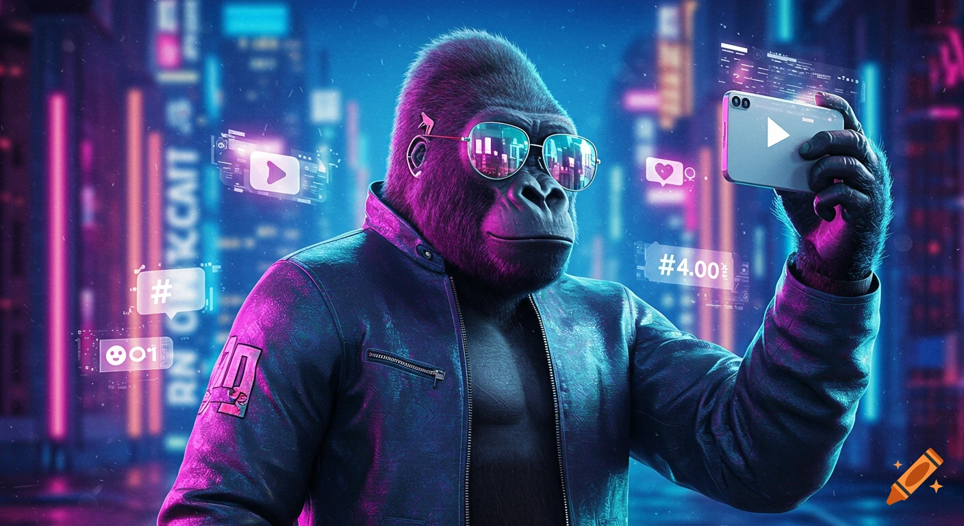 A cool gorilla in a leather jacket and sunglasses holds a smartphone to take a selfie in a neon cyberpunk city, surrounded by holographic social media icons.