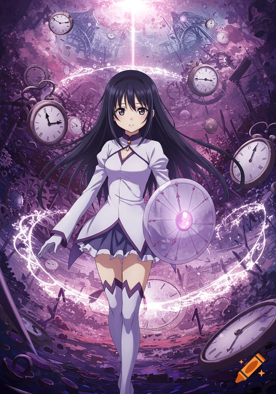 An anime girl with long black hair, in a white and purple dress, holds a round shield, standing in a swirling purple dimension filled with clocks.