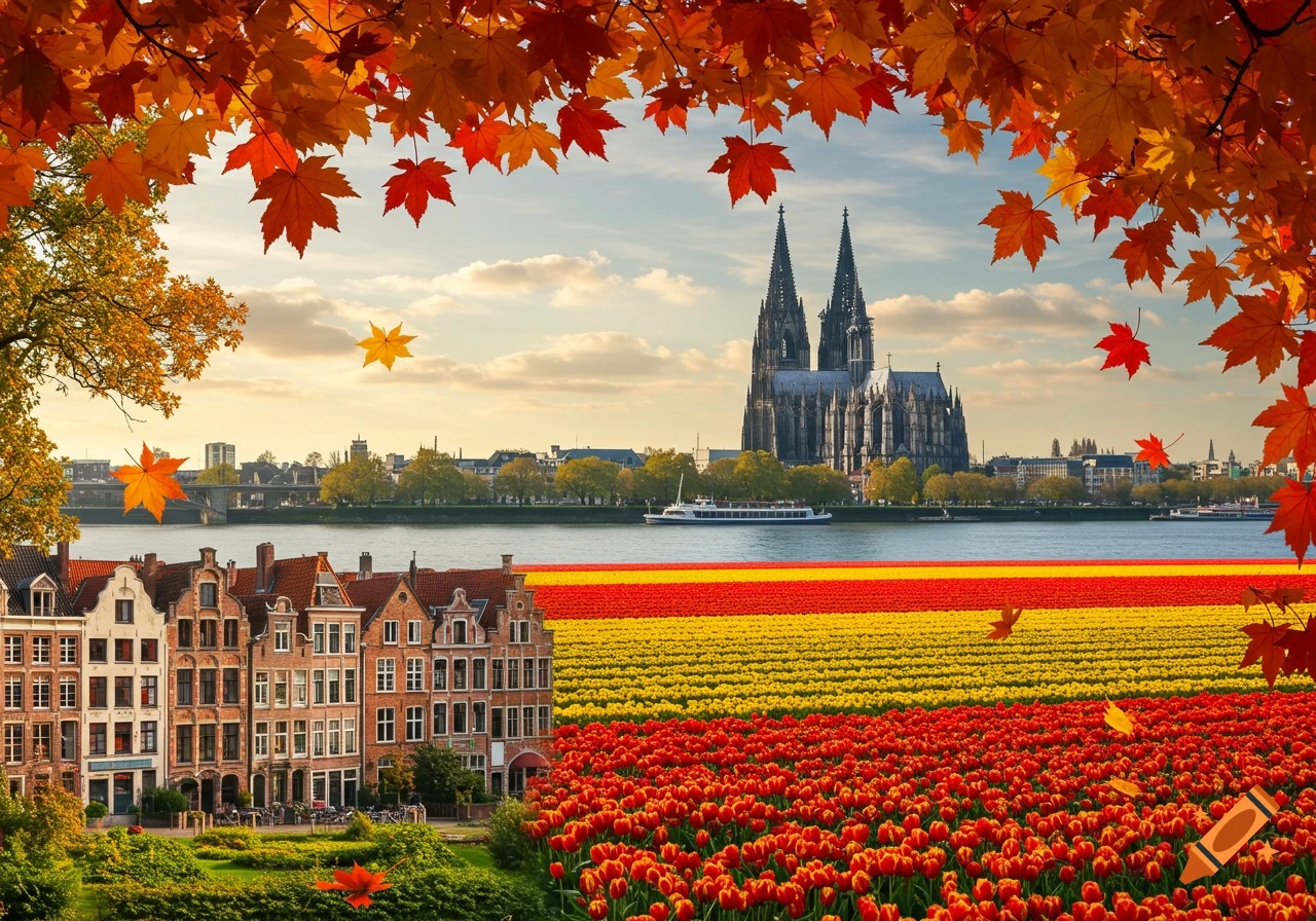 A composite autumn scene featuring the Cologne Cathedral, traditional Dutch canal houses, and vibrant red and yellow tulip fields, framed by orange autumn leaves.