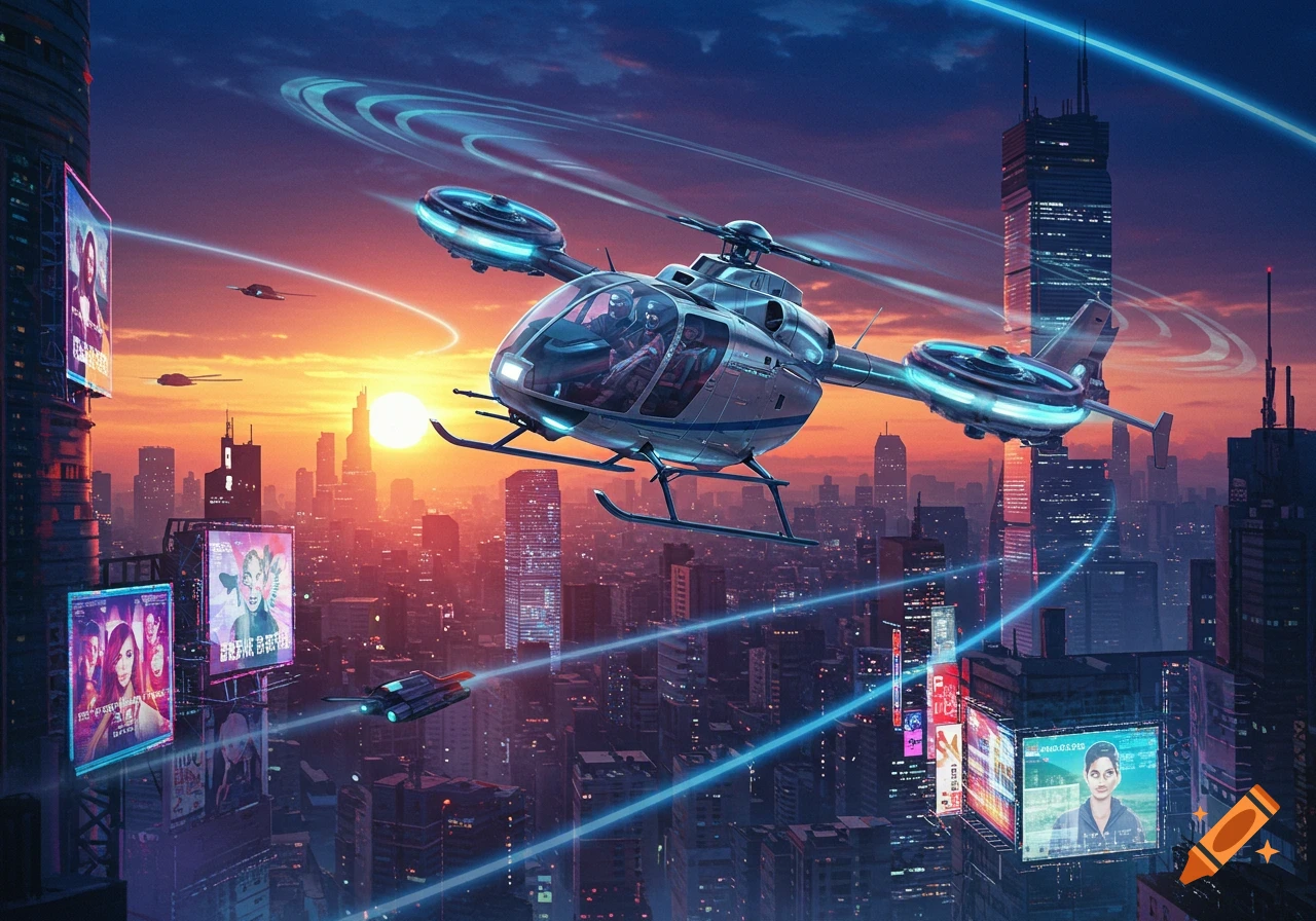 A futuristic helicopter flies over a sprawling city at sunset, with glowing buildings and smaller flying craft.