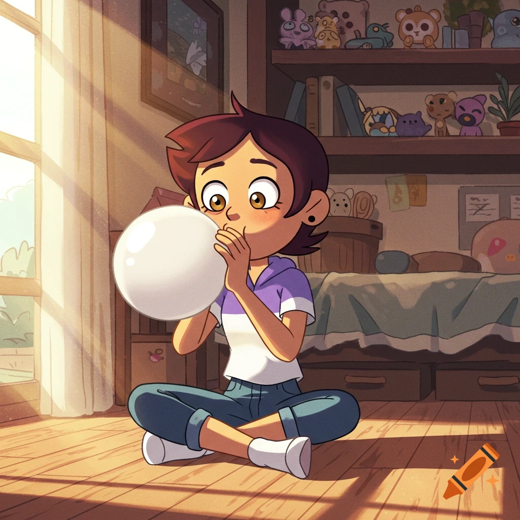 Luz Noceda, an animated character, sits cross-legged on a sunlit wooden floor in her bedroom, blowing a large white balloon.