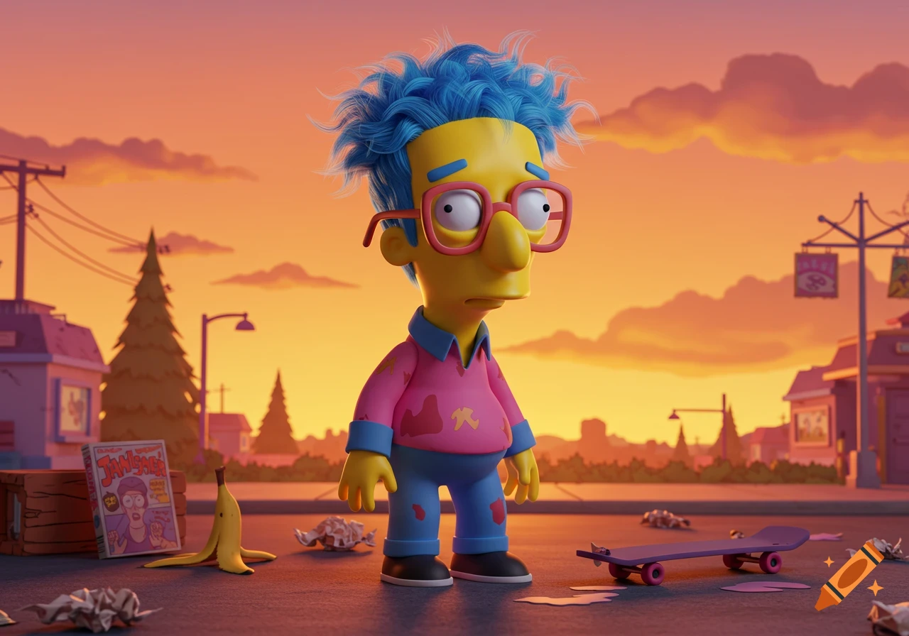 Sad 3D rendered cartoon character resembling Milhouse with blue hair and pink glasses on a street at sunset.