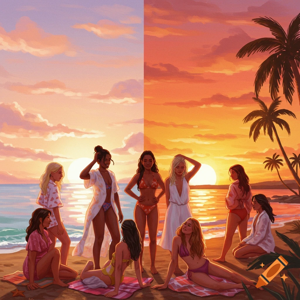 Illustration of diverse women in swimsuits and cover-ups relaxing on a beach at sunset, with palm trees.