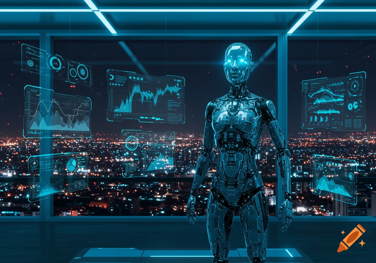 A metallic robot stands in a high-rise office overlooking a glowing cityscape at night, surrounded by floating holographic data displays.