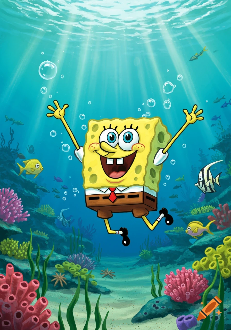 SpongeBob SquarePants joyfully swims underwater amidst colorful coral, seaweed, and fish in a vibrant cartoon style.