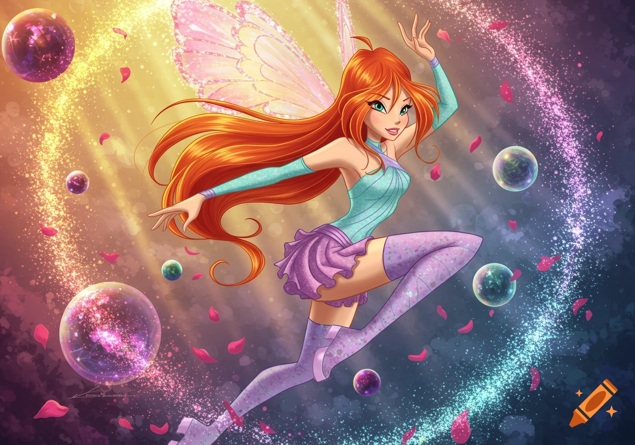 Vibrant cartoon of Bloom from Winx Club, a red-haired fairy, flying amidst sparkling magic, bubbles, and pink petals.