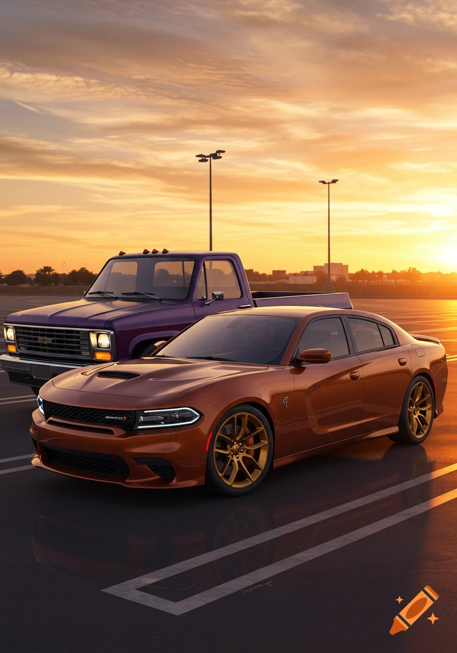 A photorealistic image of a purple Chevy C/K truck and an orange Dodge Charger with gold rims in a parking lot at sunset.