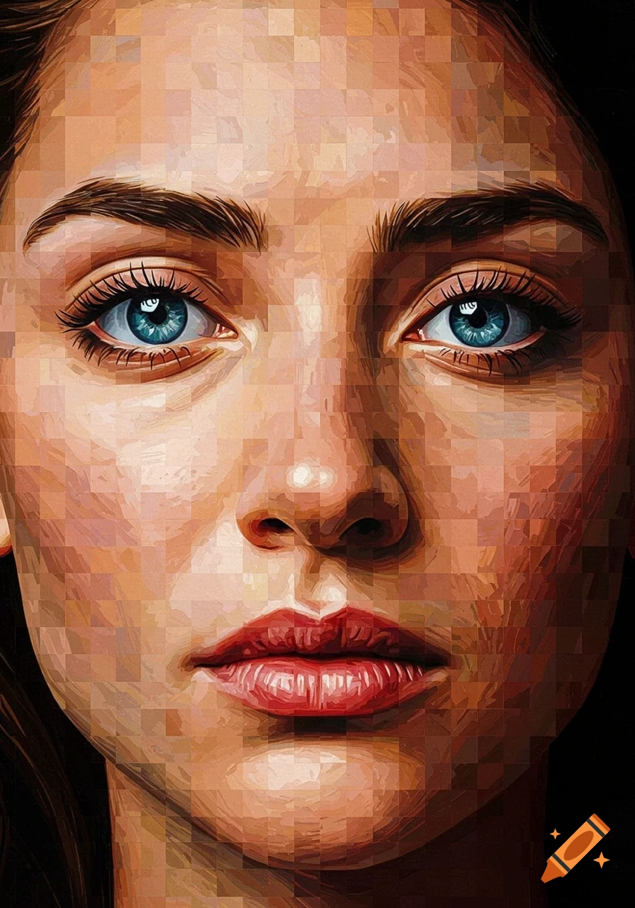 Close-up portrait of a woman with blue eyes and red lips, rendered in a mosaic or pixelated art style.