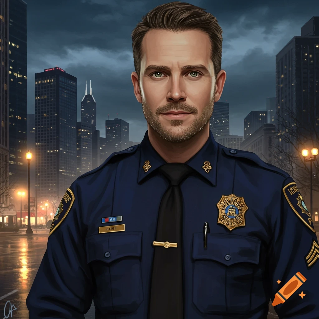Photorealistic portrait of a serious-looking man in a dark blue police uniform against a city skyline at dusk.