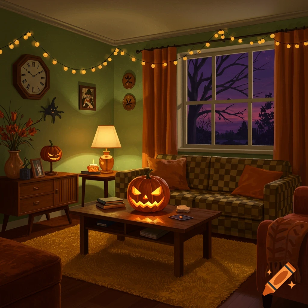 A cozy, illustrated living room at night, decorated for Halloween with glowing jack-o'-lanterns, string lights, and a patterned sofa.