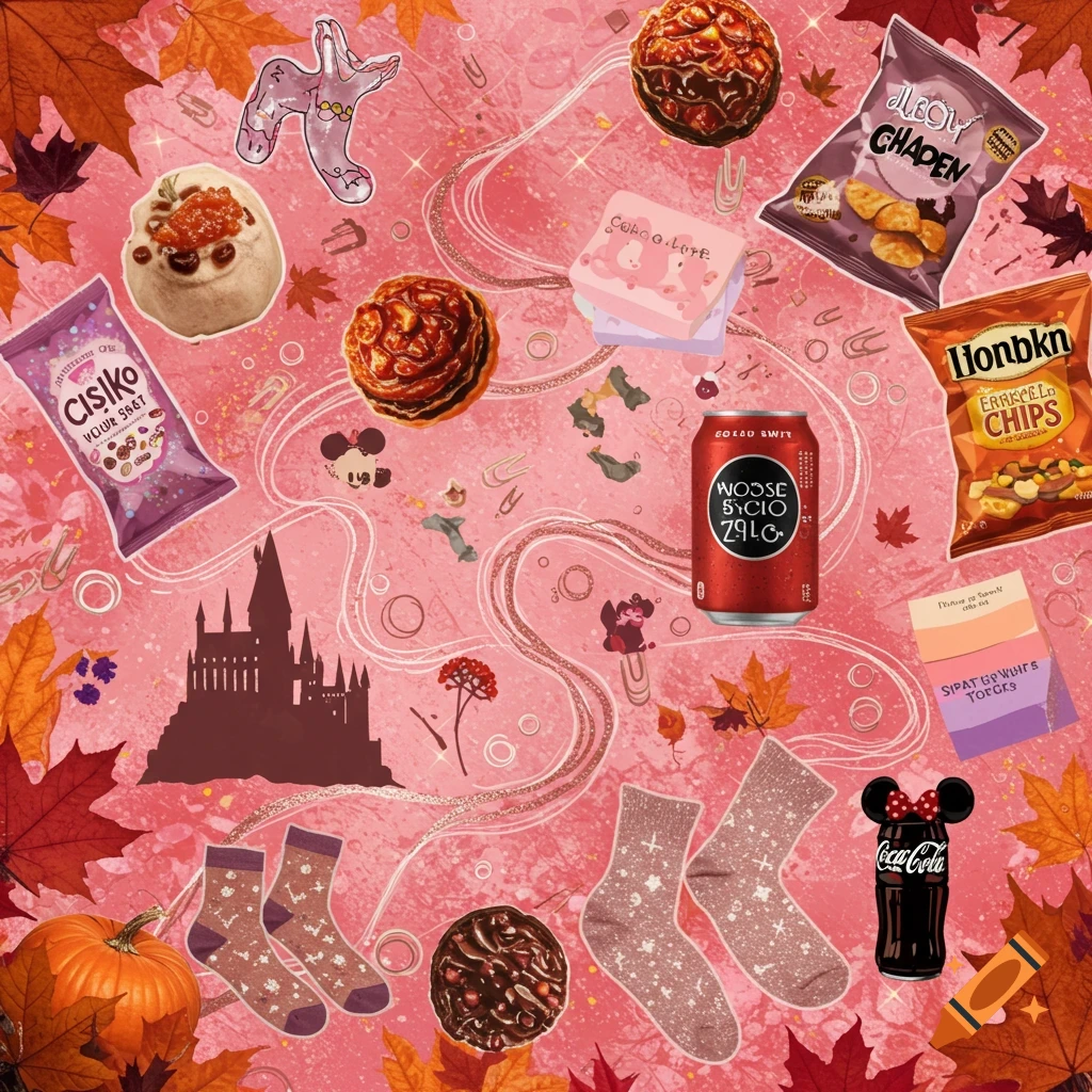 An autumn-themed flat lay featuring various snacks, drinks, socks, a pumpkin, and Harry Potter and Disney references on a pink background with fall leaves.