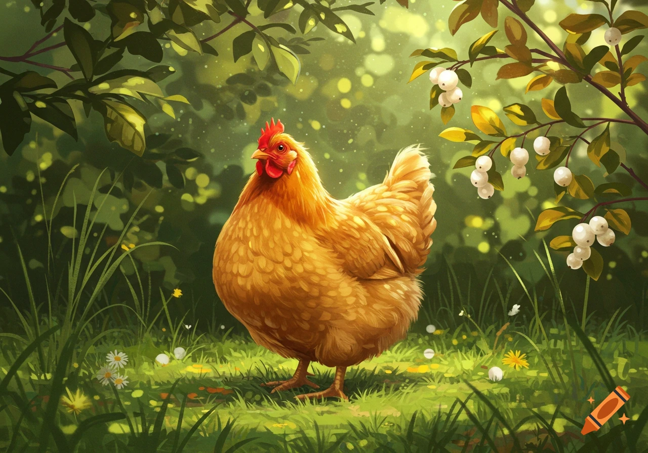 A golden-brown chicken with a red comb stands in a lush green forest clearing with white berries on a branch, illustrated in a bright, soft style.