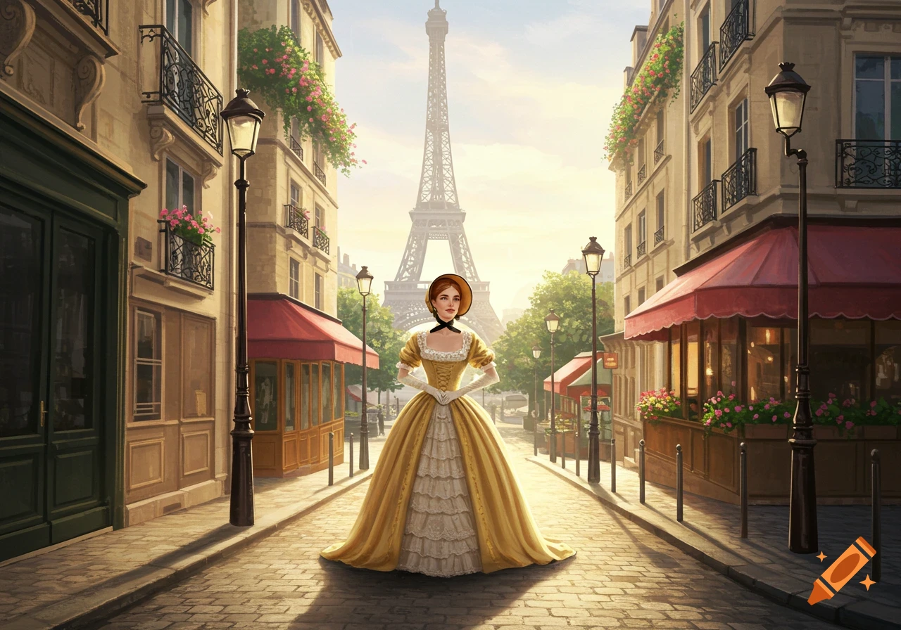 A woman in a golden historical gown stands on a cobblestone street in Paris with the Eiffel Tower in the background at sunset.