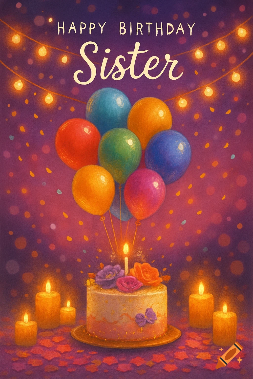 A vibrant digital painting of a birthday greeting card with colorful balloons, a cake, candles, and "HAPPY BIRTHDAY Sister" text.