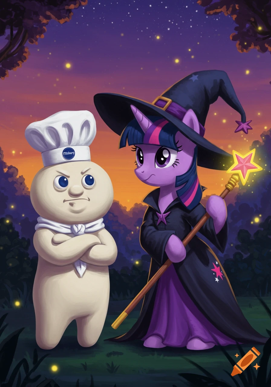 An angry Pillsbury Doughboy stands next to Twilight Sparkle dressed as a witch, holding a star wand, in a magical twilight forest.