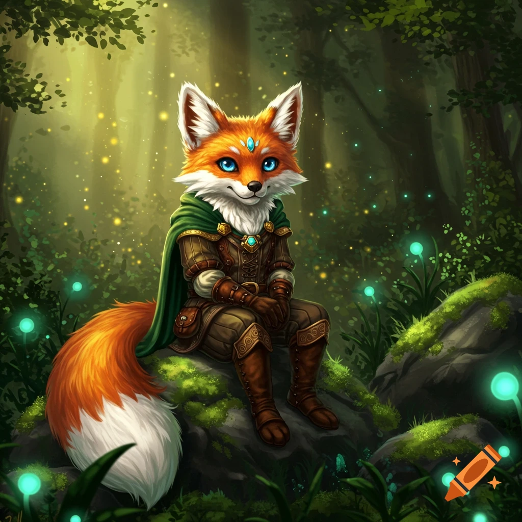 An anthropomorphic fox in a green cloak sits on a mossy rock in a magical forest with glowing blue and yellow lights.