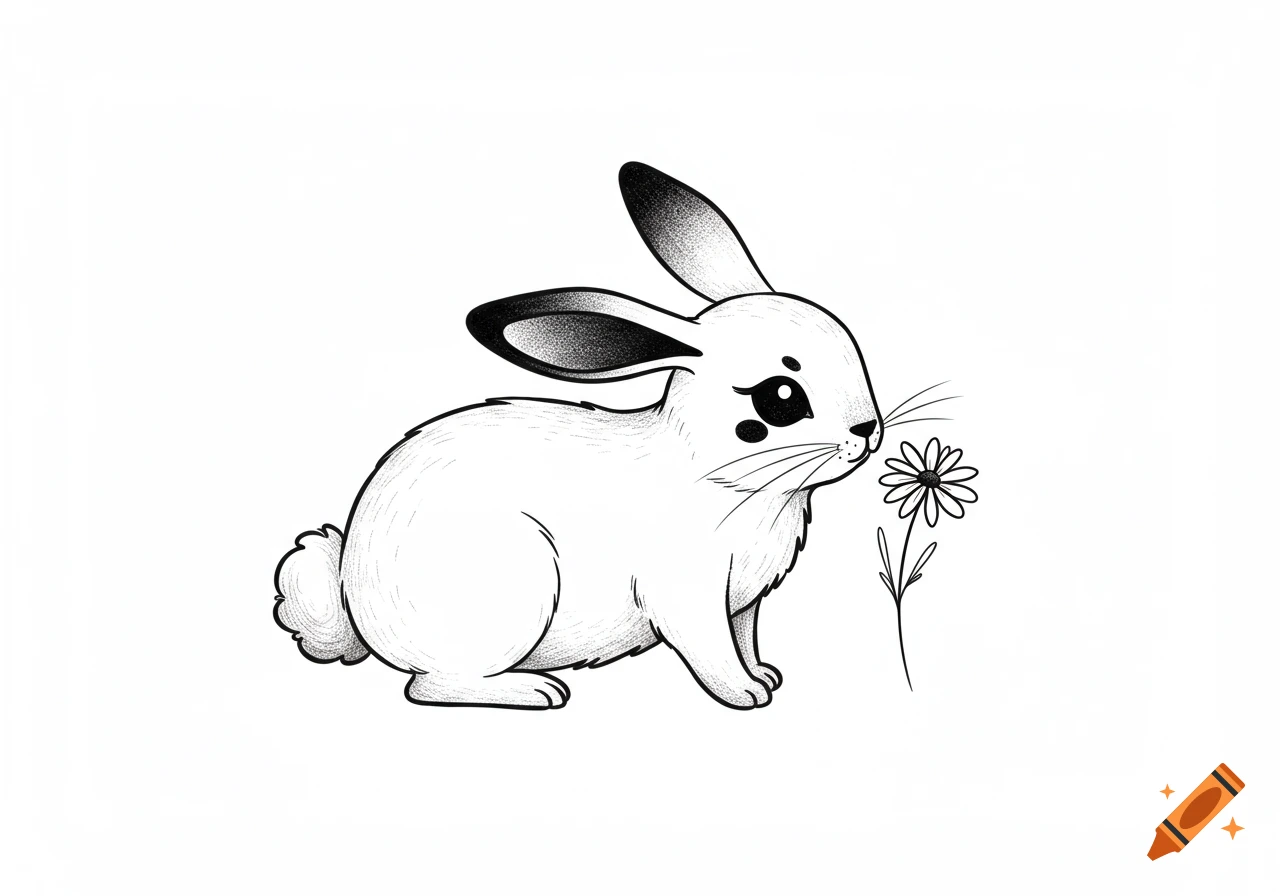A black and white fine line illustration of a cute bunny with large eyes sniffing a daisy.