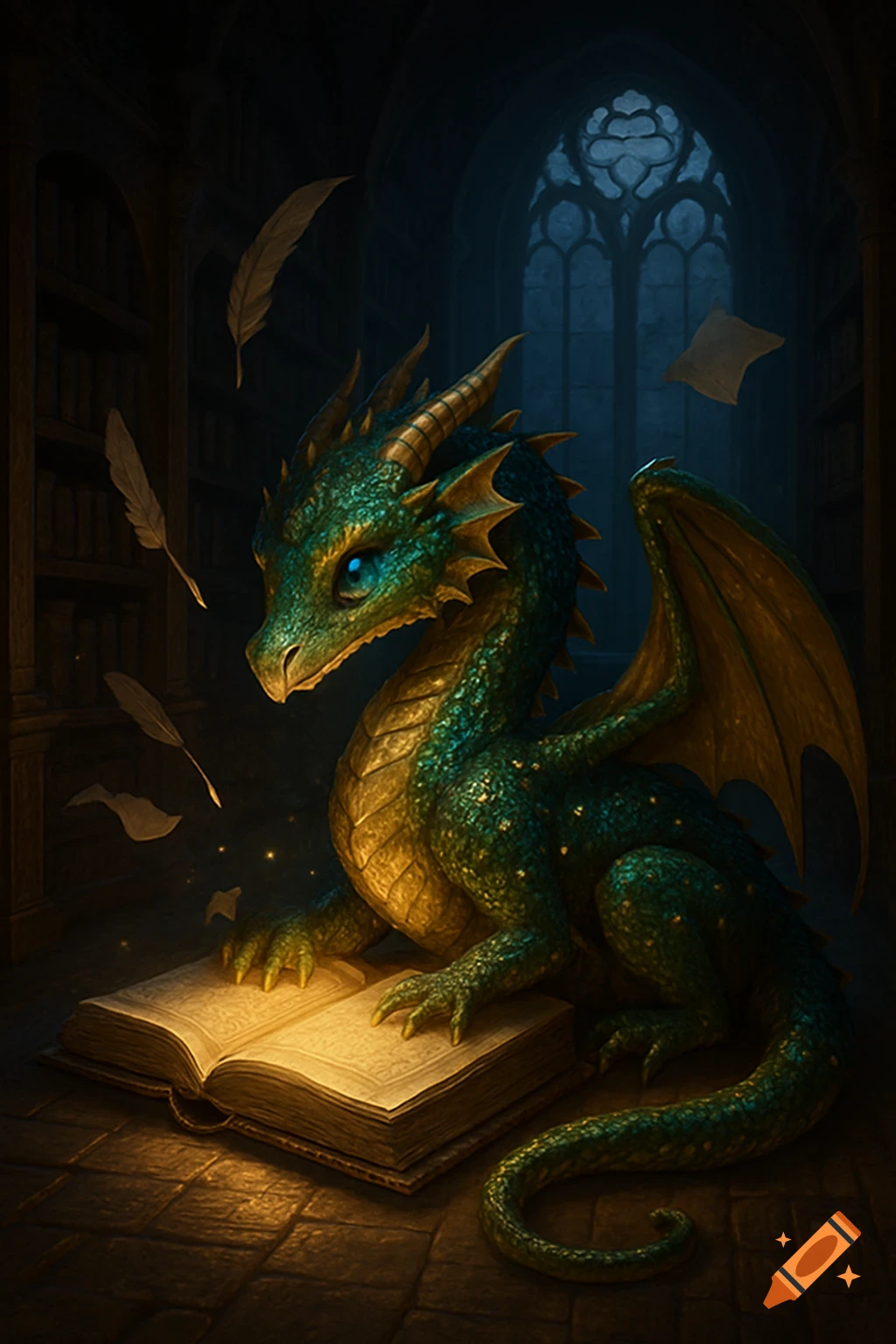 A cute green and gold dragon with blue eyes intently reads an open book in a dark, atmospheric library with gothic windows.