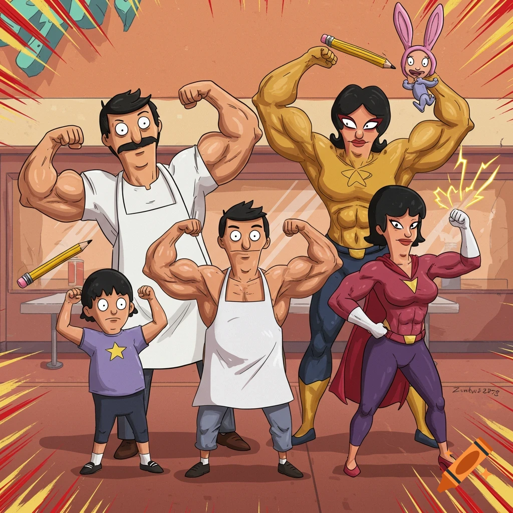 The buff Bob's Burgers family poses as superheroes, flexing muscles in a cartoon style with a comic book background.