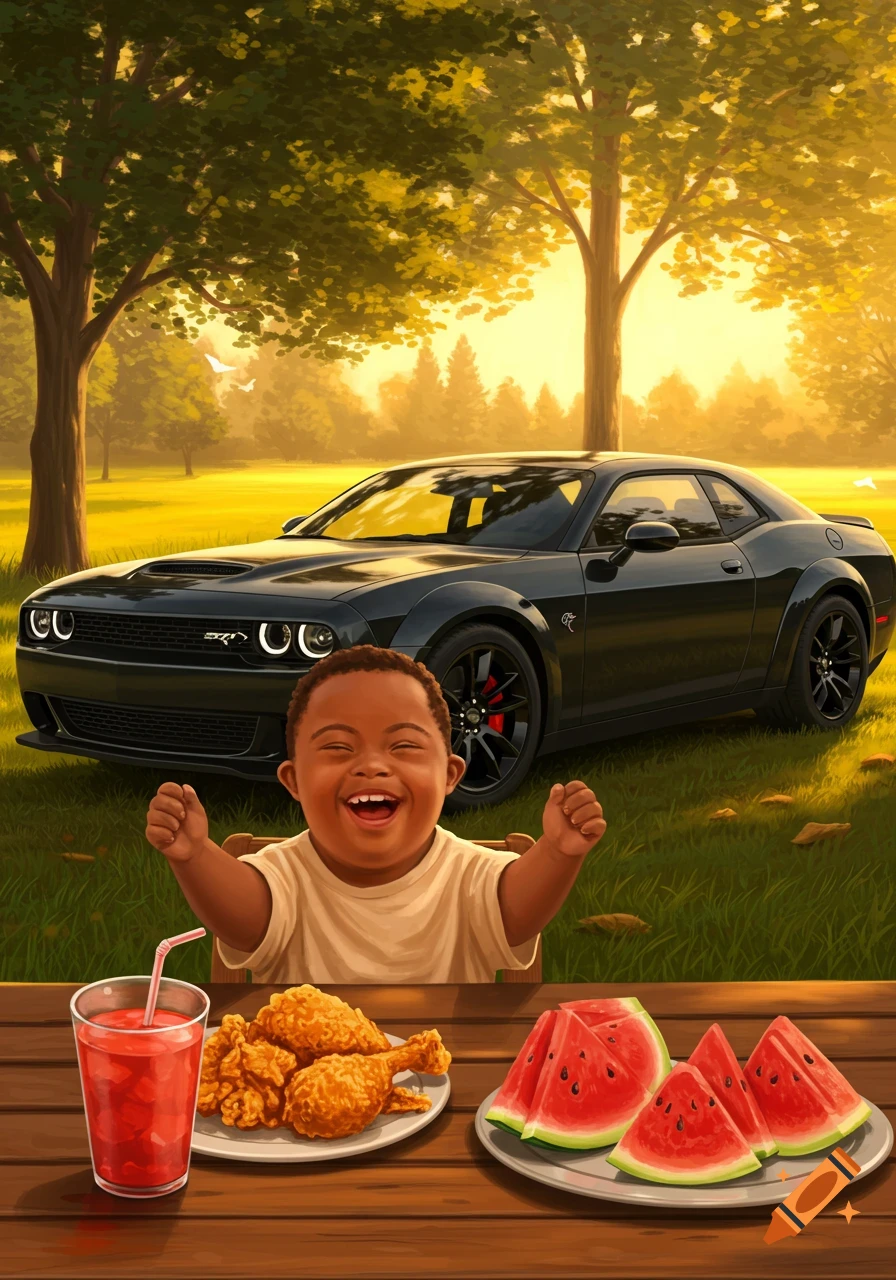 A joyful child with Down syndrome sitting at a picnic table with fried chicken and watermelon, with a black Dodge Hellcat in the background.
