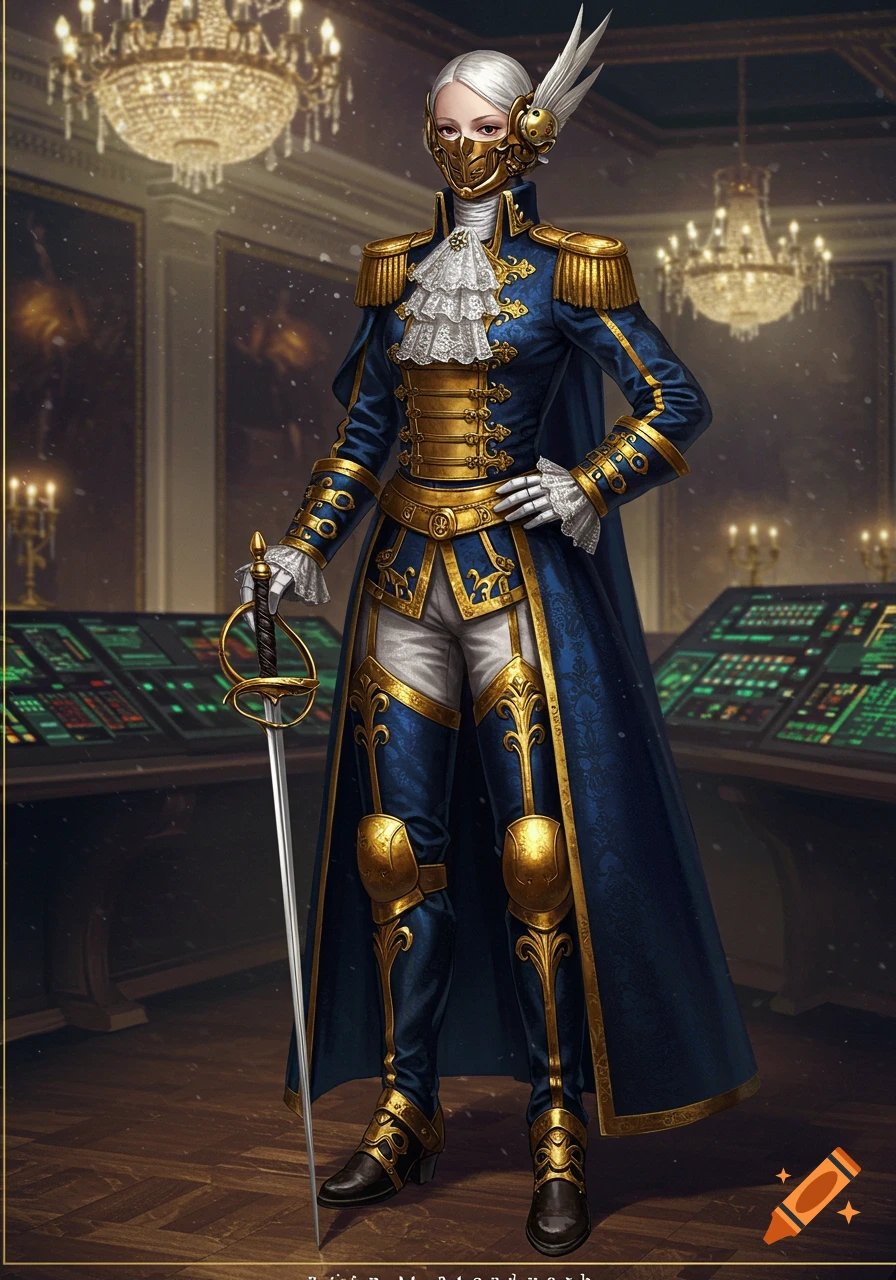 A female mecha pilot in a detailed blue and gold baroque uniform, wearing a golden mask with feathers, stands holding a rapier in a grand room with chandeliers and control panels.