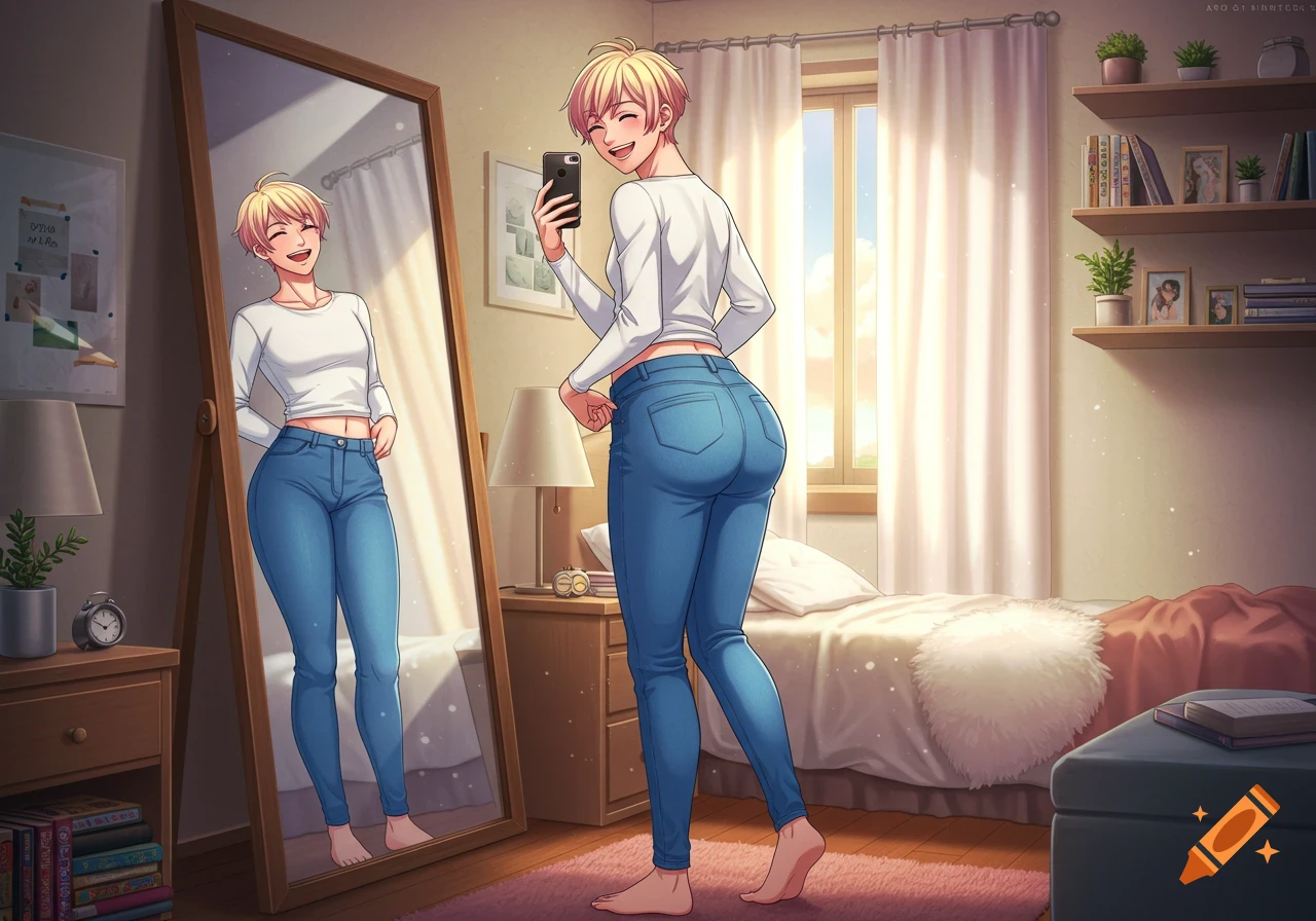 Anime femboy with blonde hair smiling and posing in blue jeans in front of a full-length mirror in a sunny bedroom.