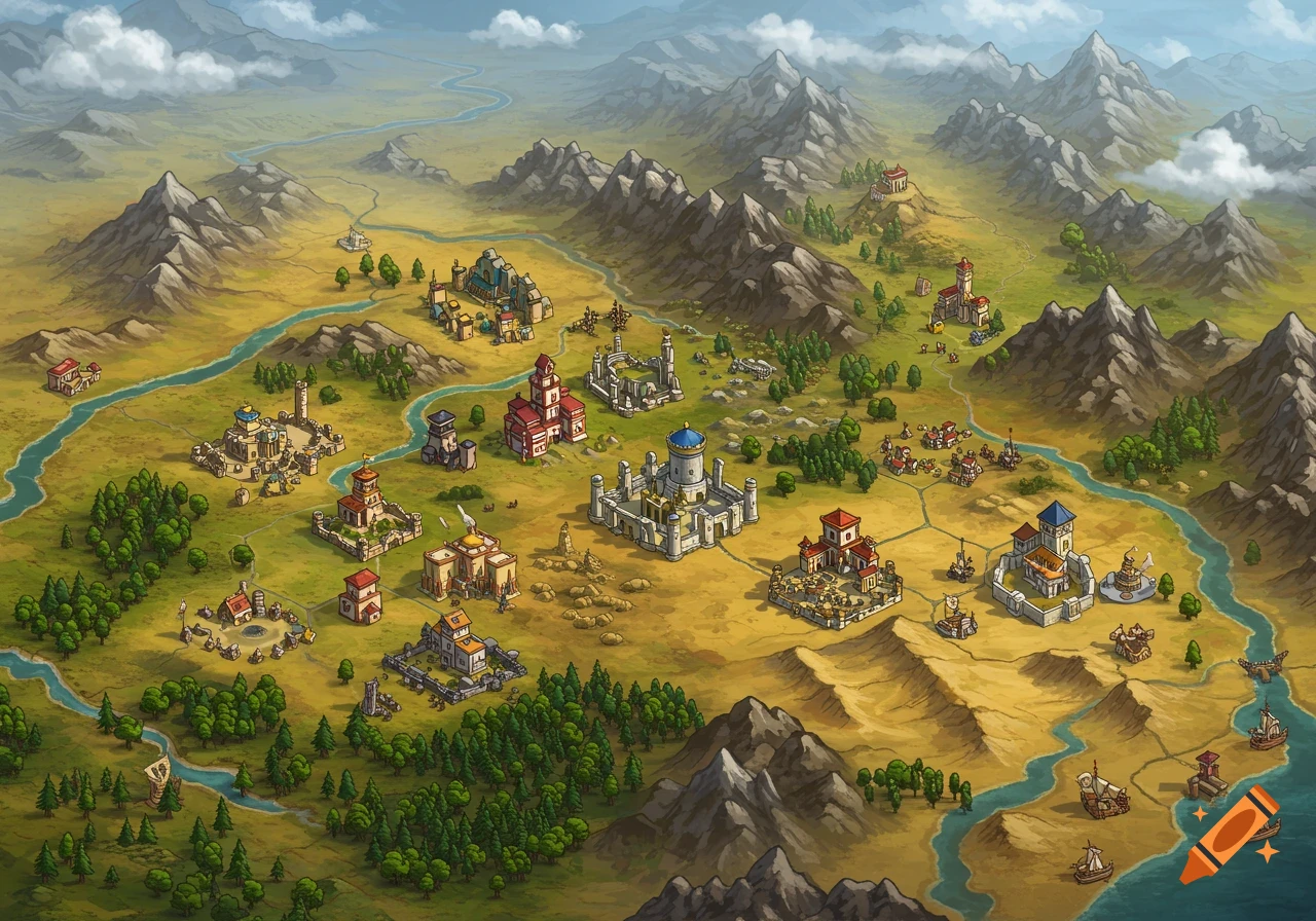 Detailed isometric fantasy overworld map with towns, castles, rivers, mountains, forests, and coastlines in a strategy game art style.