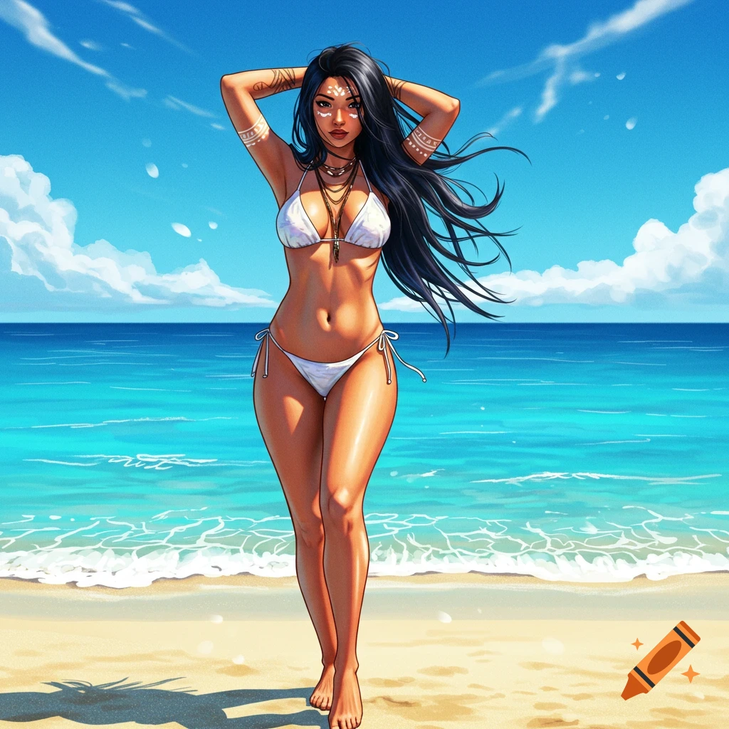 Digital illustration of a Native American woman in a white bikini posing on a sunny beach.
