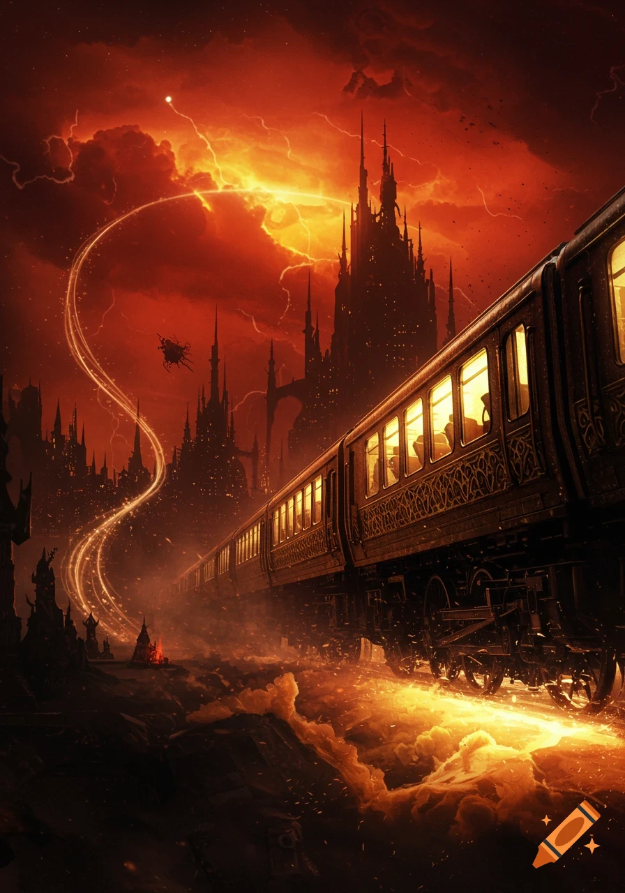 A gothic sci-fi train travels through a dark, storm-lit cityscape with magical trails in a red and orange sky.