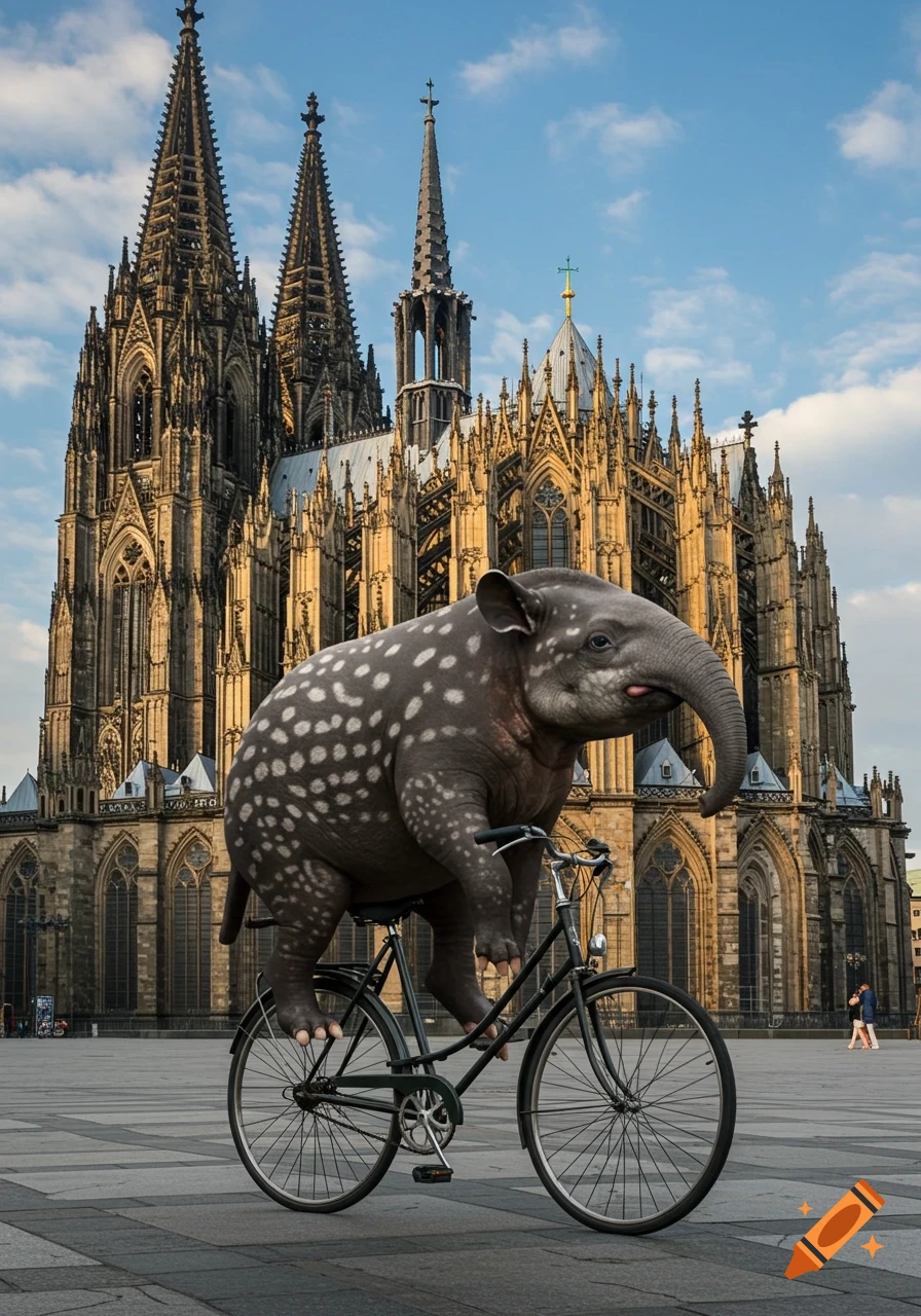 A photorealistic hybrid tapir-elephant, dark gray with white spots, rides a bicycle in front of the ornate Cologne Cathedral under a blue sky.