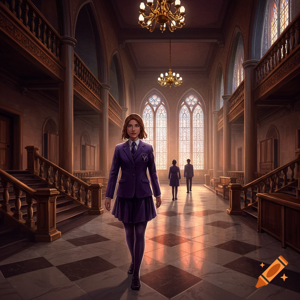 A young woman in a purple school uniform walks through a grand, ornate academy hall with stained glass windows. Two students are in the distance.