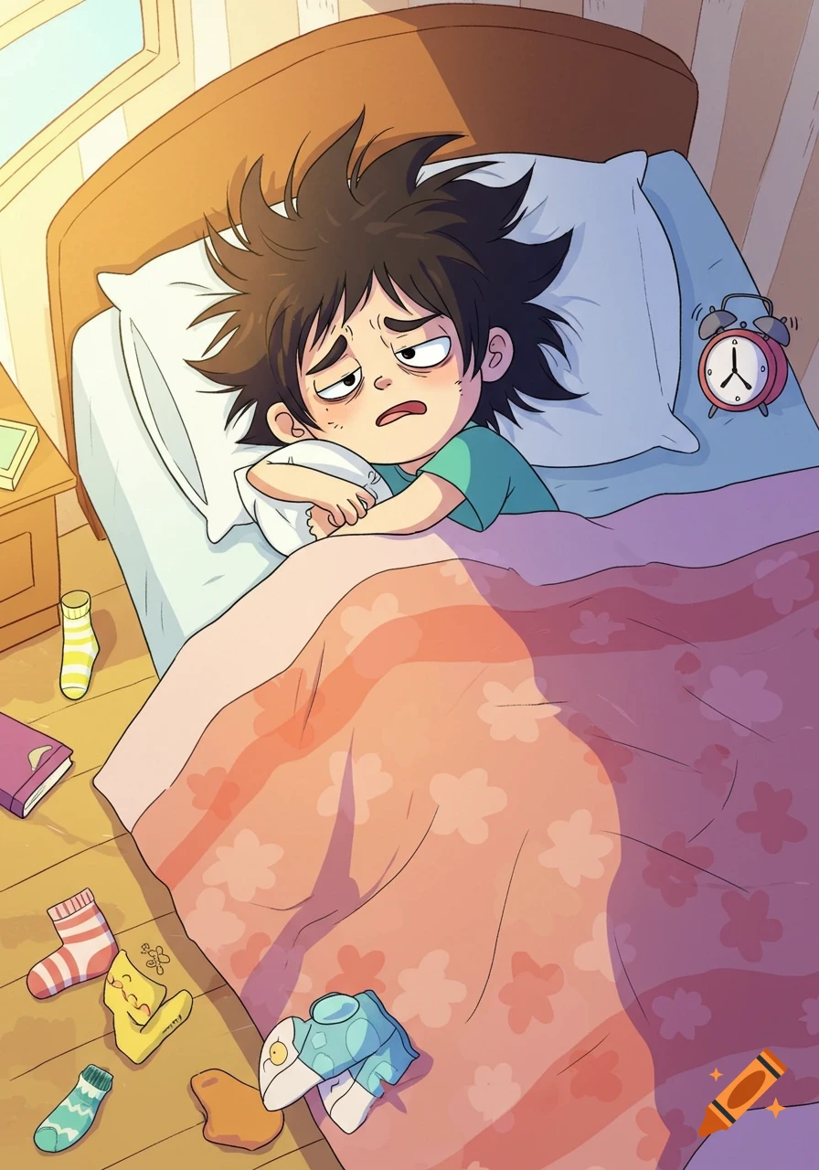 A cartoon kid with messy hair and an exaggerated tired expression lies in bed, as an alarm clock rings, in a bright, colorful anime style.