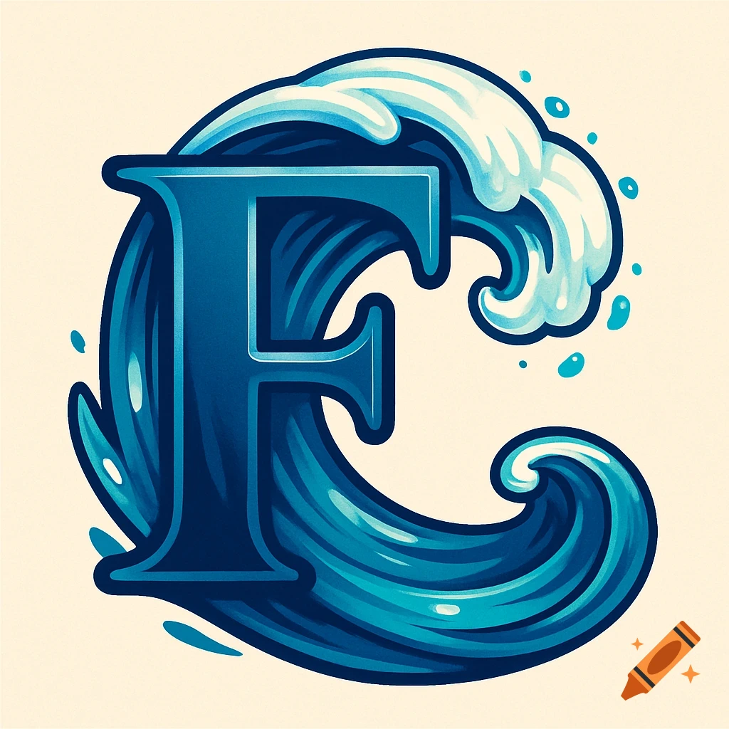 A stylized blue letter F shaped like a crashing wave, with white foam and water splashes on a light background.