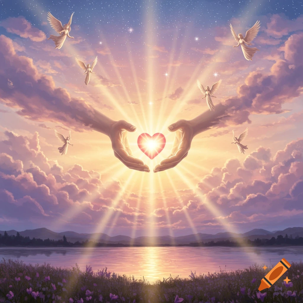 Two hands cradle a glowing heart amidst a vibrant sunset sky with angels flying above a serene lake and flower field.
